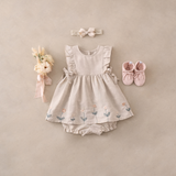 Natural Linen Floral Embroidered Dress w/ Bloomer