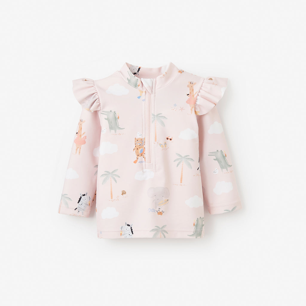 Pale Pink Flutter Sleeve Seaside Safari Baby Rash Guard