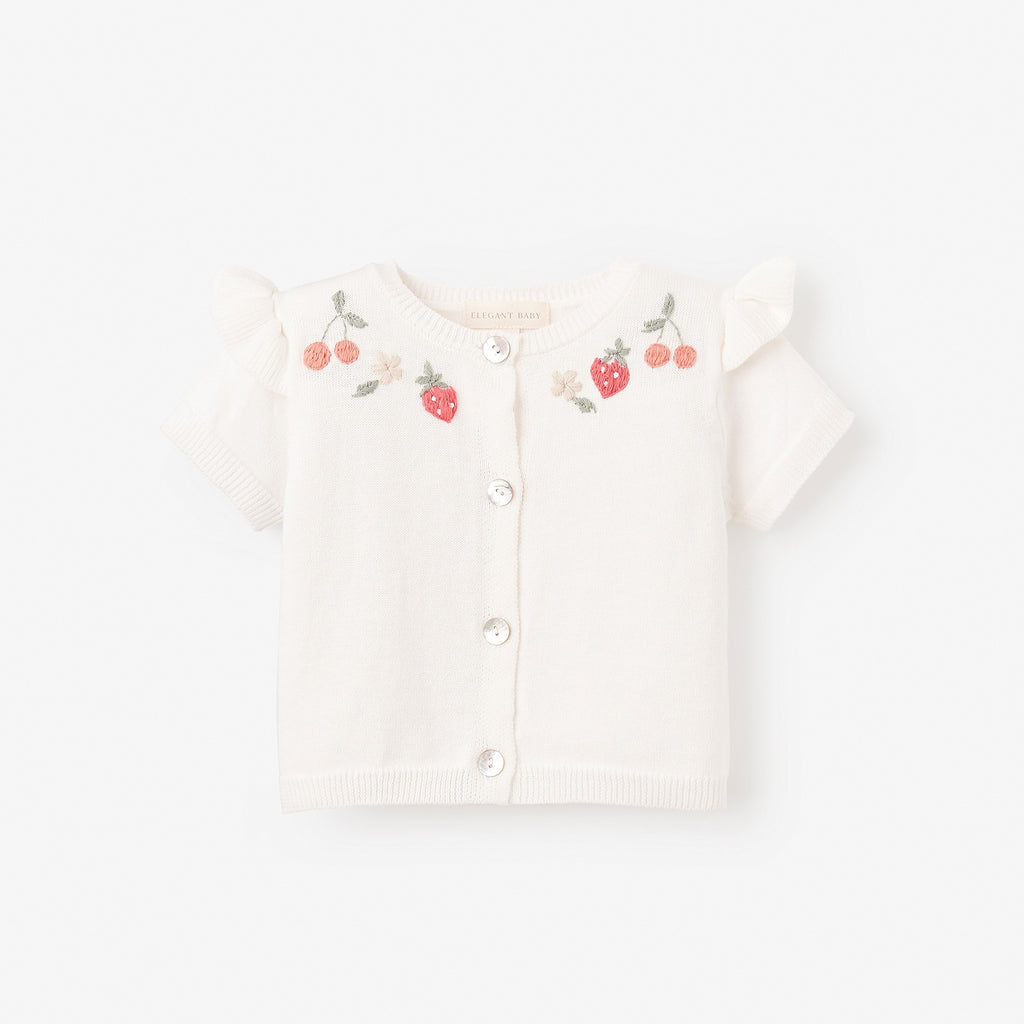 Strawberry Flutter Sleeve Hand-Embroidered Baby Cardigan