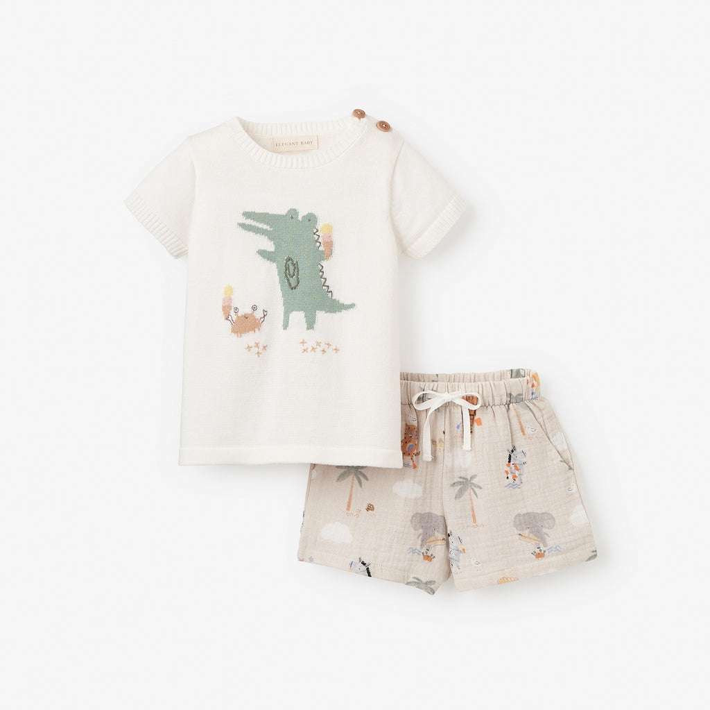 Alligator Knit Pullover + Seaside Safari Organic Muslin Short Set