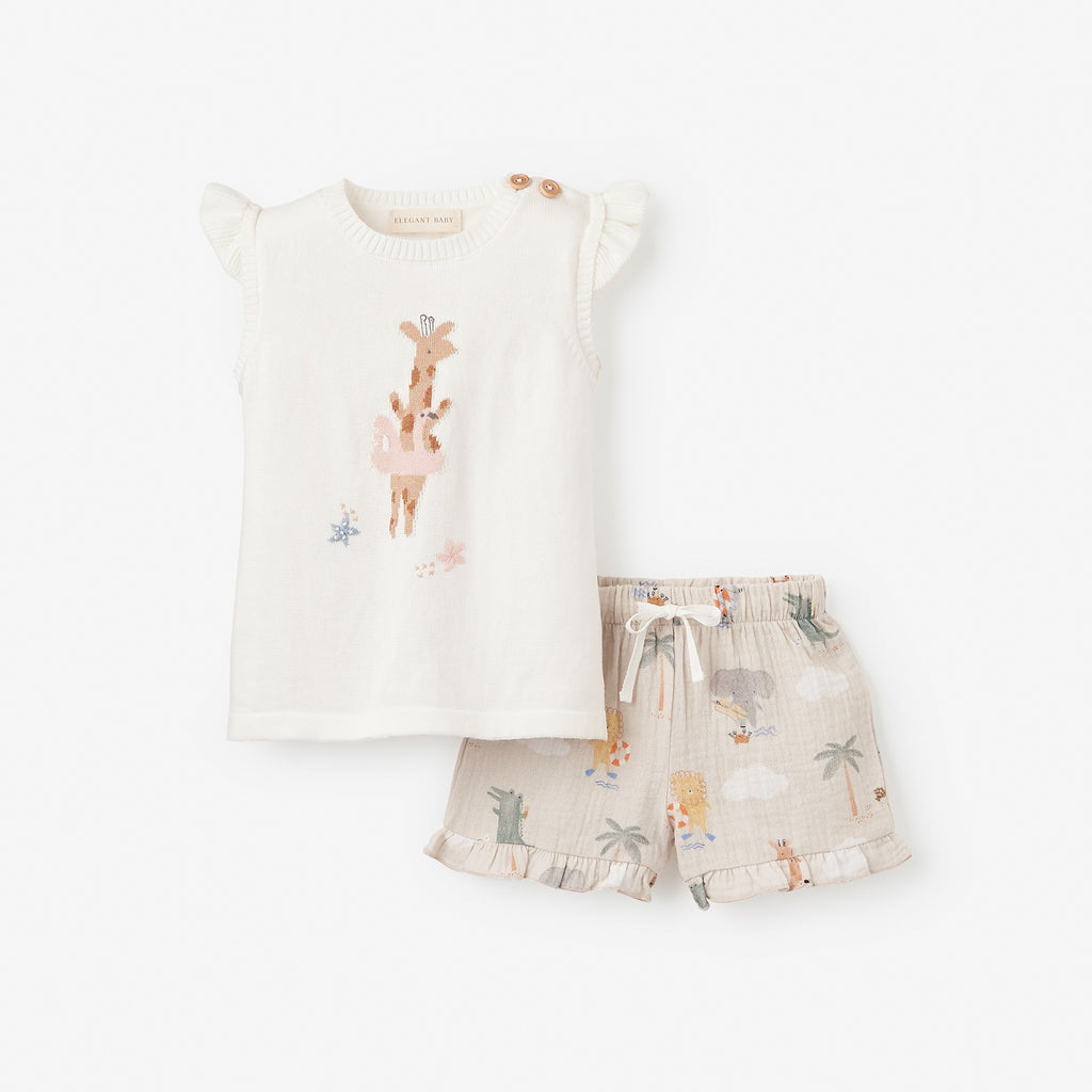 Giraffe Knit Pullover + Seaside Safari Organic Muslin Short Set