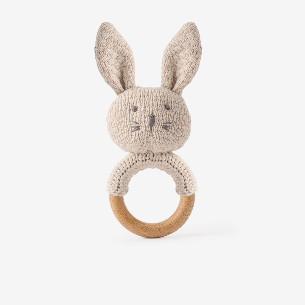 Taupe Knit Cotton Bunny Ring Rattle