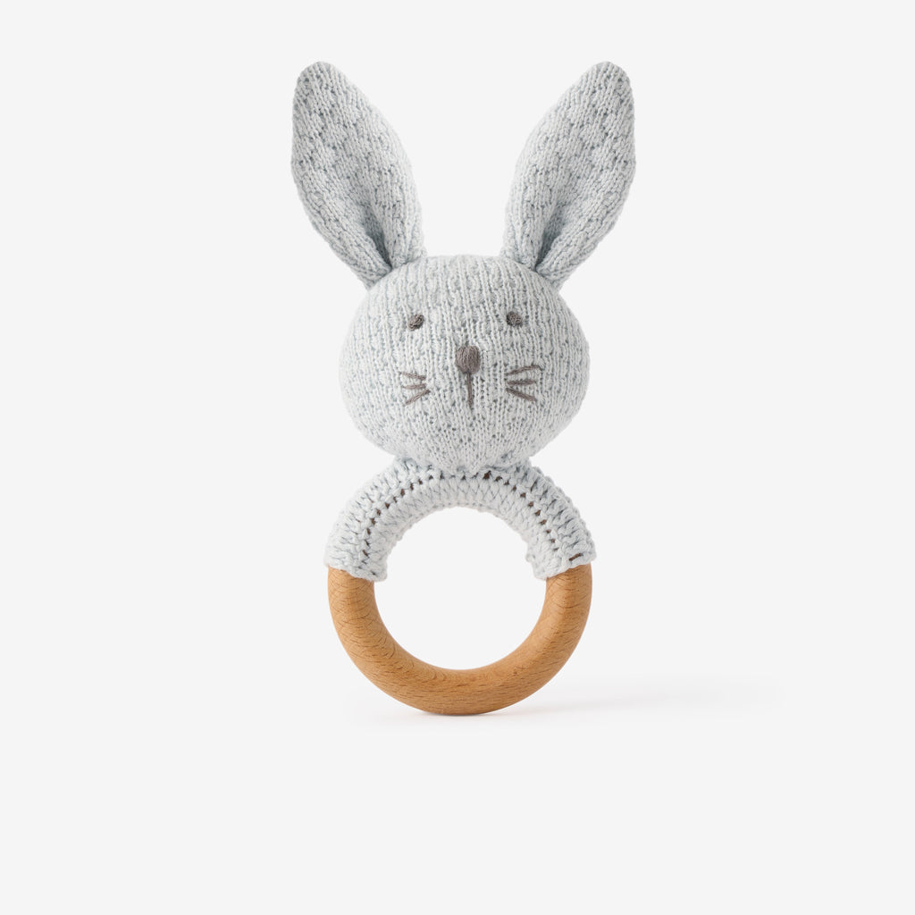 Pale Blue Knit Cotton Bunny Ring Rattle