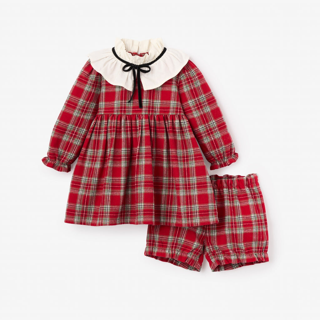 Holiday Red Tartan Dress w. Pleated Collar