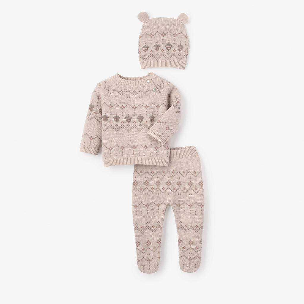 Acorn Fairisle Sweater, Footed Pant + Hat Set 3pc
