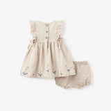 Natural Linen Floral Embroidered Dress w/ Bloomer