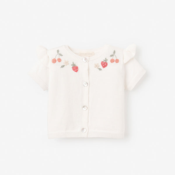 Strawberry Flutter Sleeve Hand-Embroidered Baby Cardigan