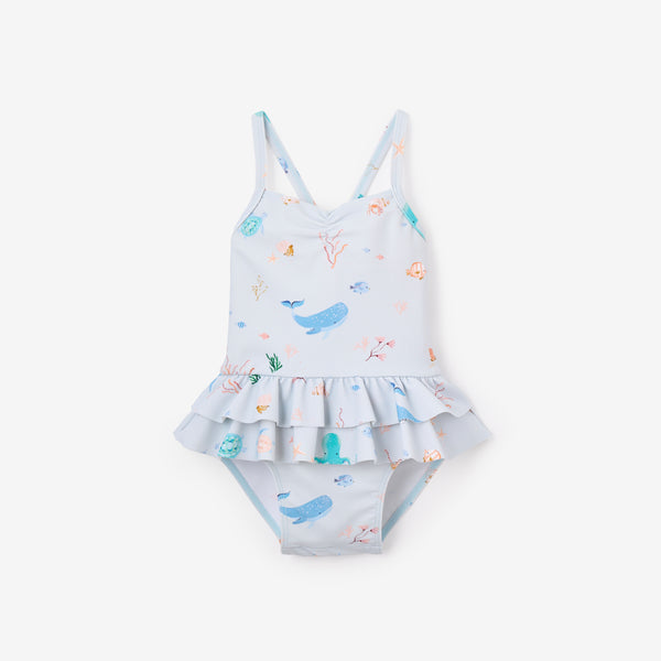 Pale Blue Ocean Adventure Baby Ruffle Swimsuit