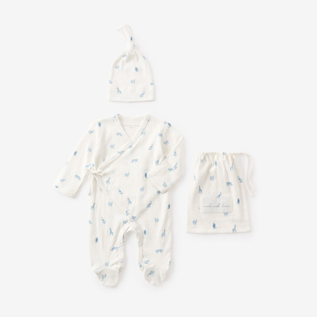 Blue Safari Print Organic Cotton Pointelle Layette 2 Pc Gift Set