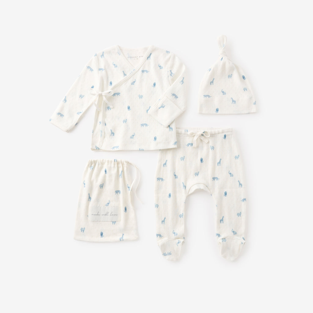 Blue Safari Print Organic Cotton Pointelle Layette 3 Pc Gift Set