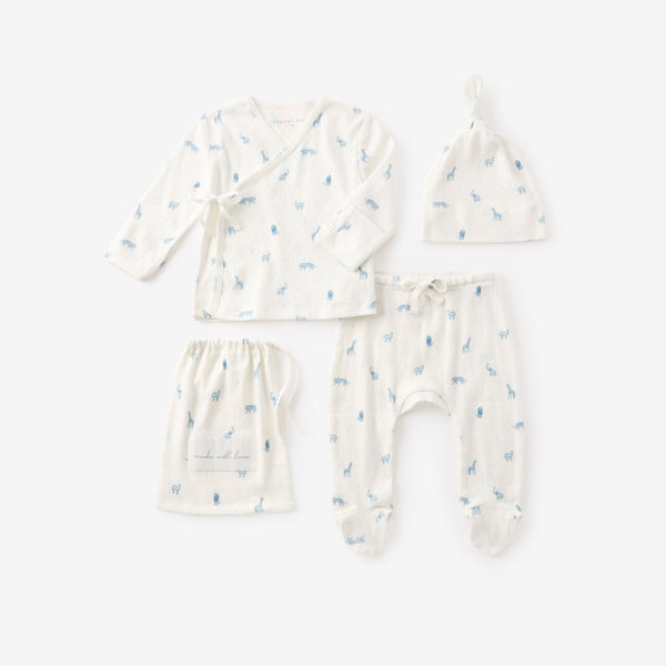 Blue Safari Print Organic Cotton Pointelle Layette 3 Pc Gift Set