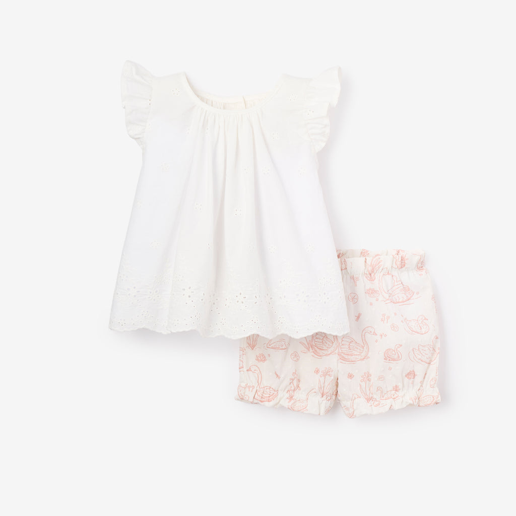 Eyelet Lace Flutter Sleeve Top + Swan Toile Bloomers