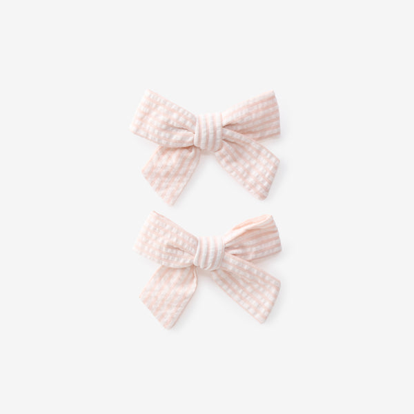 Pink Seersucker Bow Clip Set