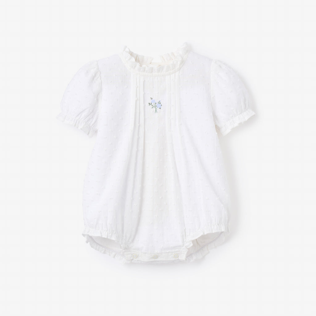 Swiss Dot Pintucked Bubble w/ Rose Embroidery