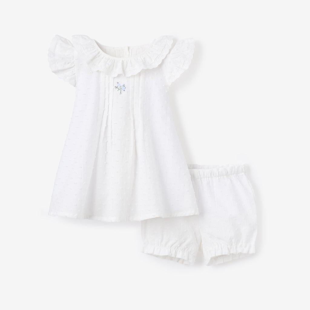 Swiss Dot Pintucked Dress w/ Rose Embroidery