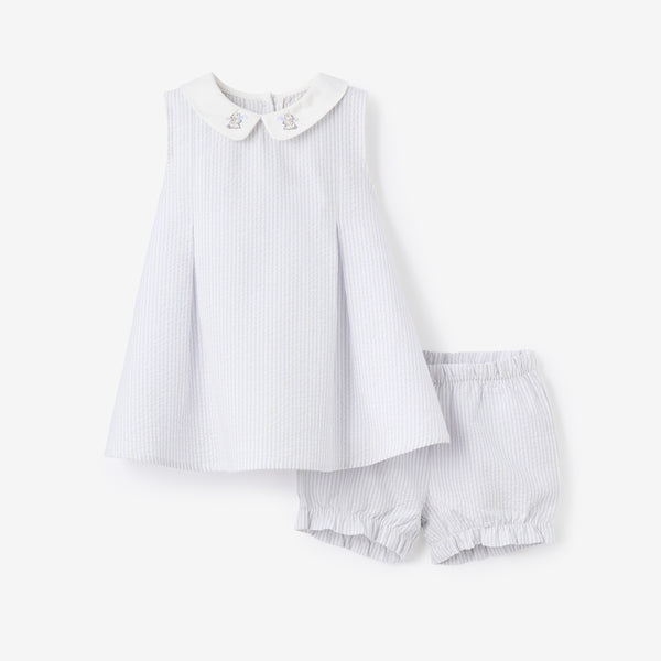 Blue Seersucker Embroidered Bunny Dress