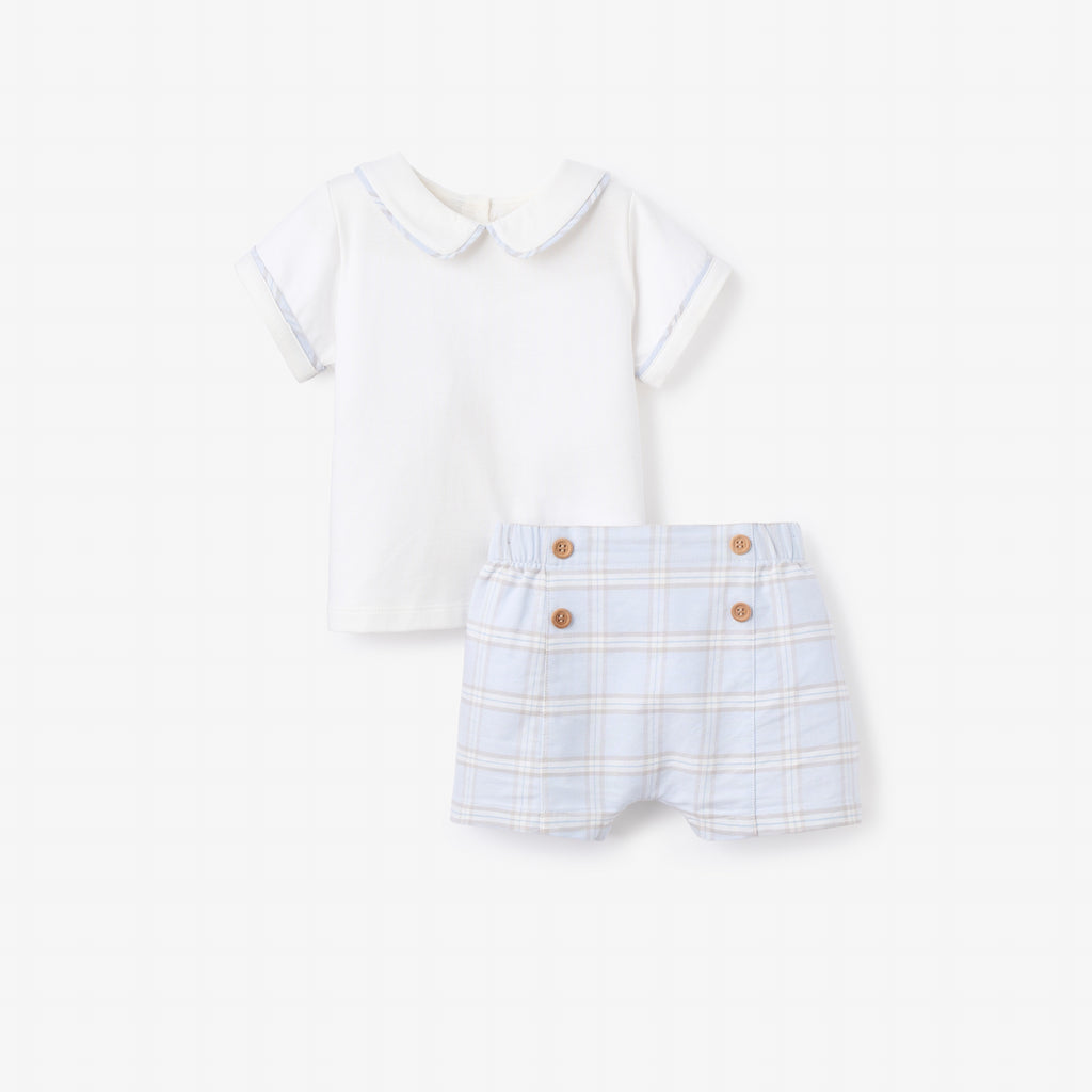 Blue Gray Plaid Trimmed Collar Shirt & Short Set