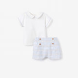 Blue Gray Plaid Trimmed Collar Shirt & Short Set