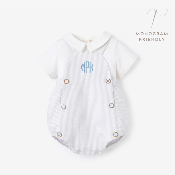 Blue Seersucker Overall Bubble + Collared Shirt