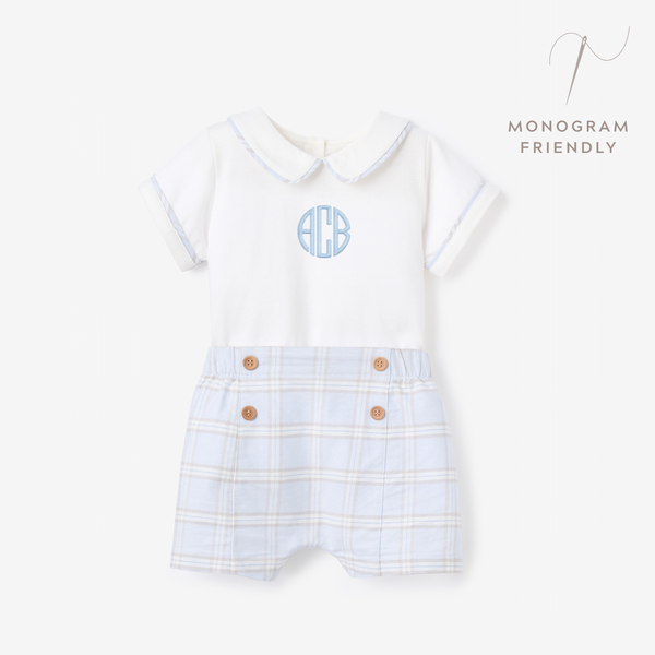 Blue Gray Plaid Trimmed Collar Bodysuit & Short Set