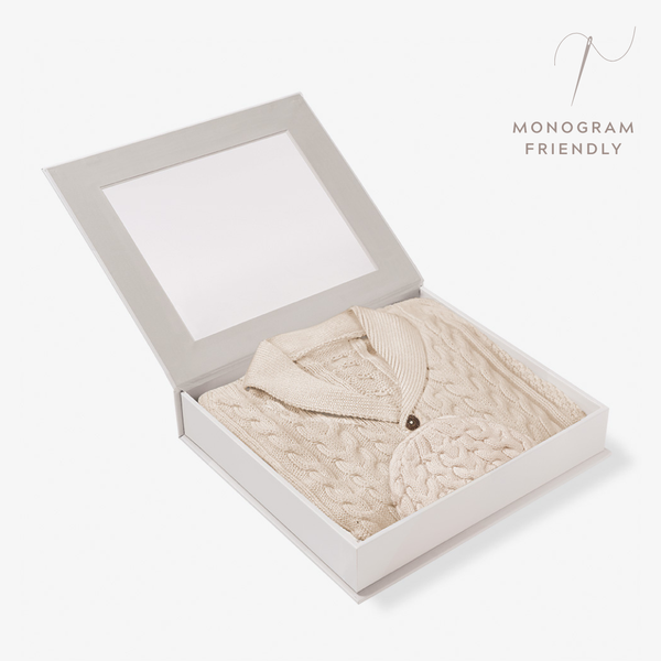 Wheat Horseshoe Cable Knit Cardigan & Hat Baby Boxed Gift Set