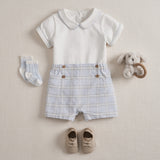 Blue Gray Plaid Trimmed Collar Bodysuit & Short Set