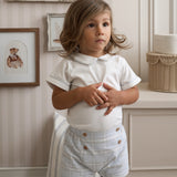 Blue Gray Plaid Trimmed Collar Bodysuit & Short Set