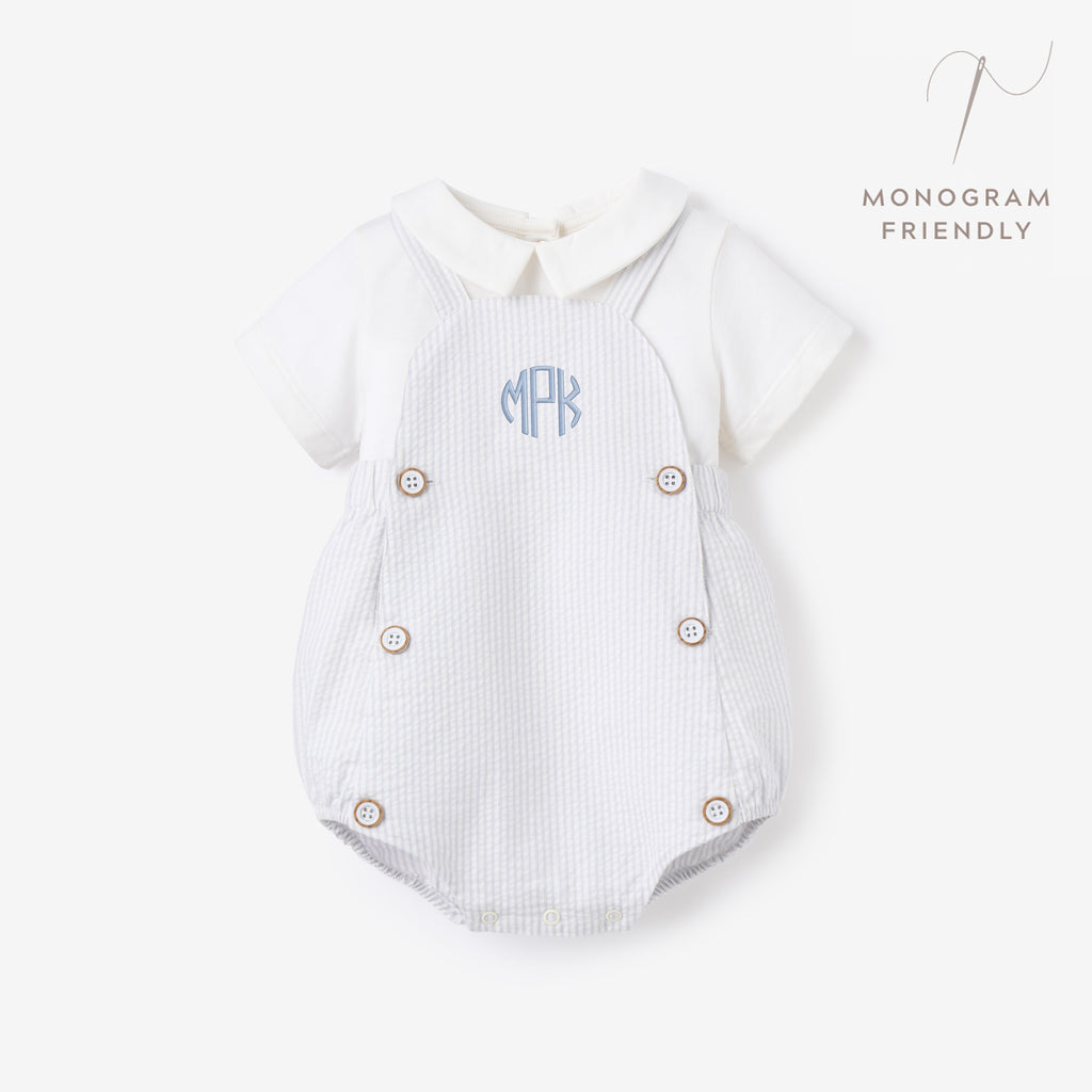 Blue Seersucker Overall Bubble + Collared Shirt