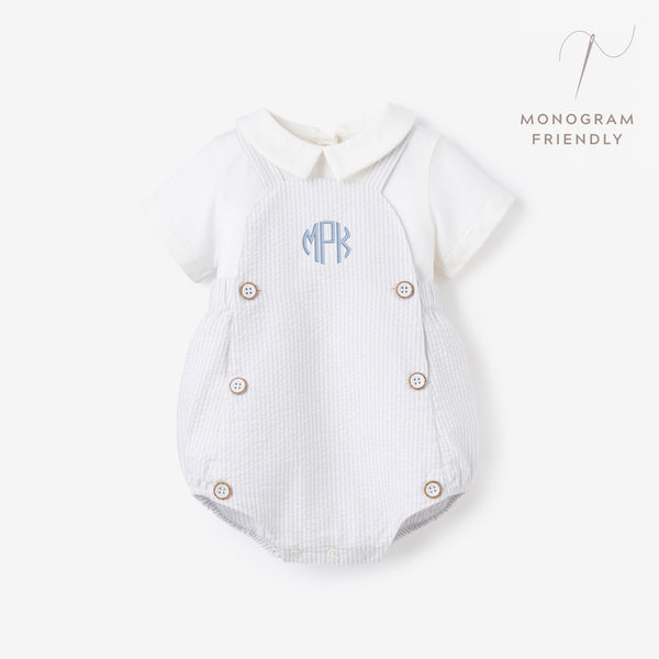 Blue Seersucker Overall Bubble + Collared Shirt