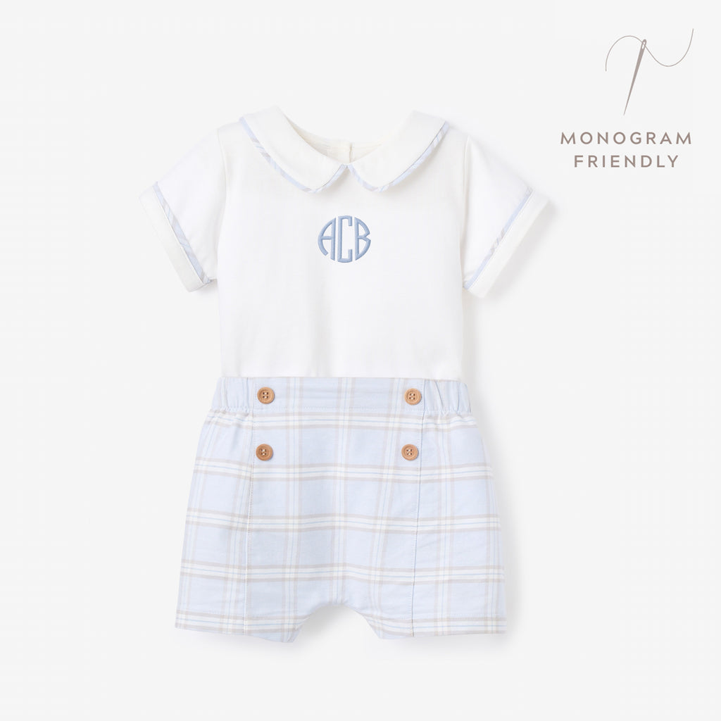 Blue Gray Plaid Trimmed Collar Bodysuit & Short Set