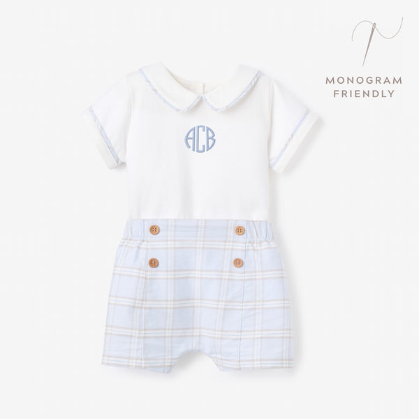 Blue Gray Plaid Trimmed Collar Bodysuit & Short Set