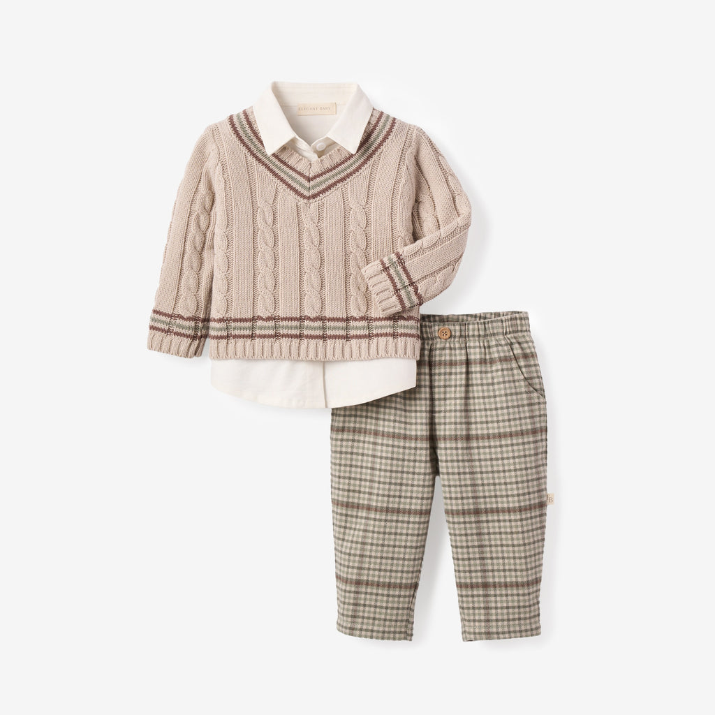 Taupe Sweater + Plaid Pants Set