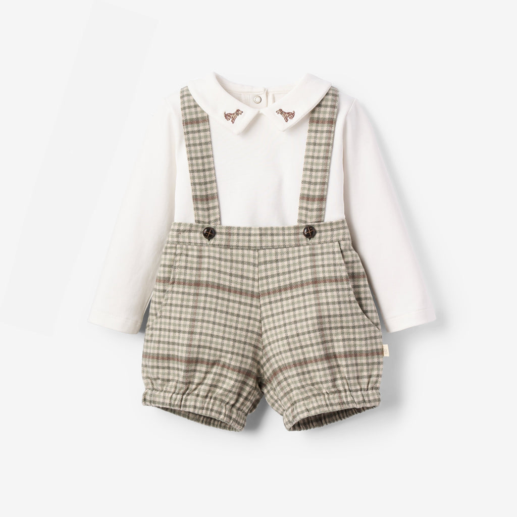 Embroidered Dog Bodysuit + Heritage Plaid Suspender Shorts