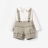 Embroidered Dog Bodysuit + Heritage Plaid Suspender Shorts
