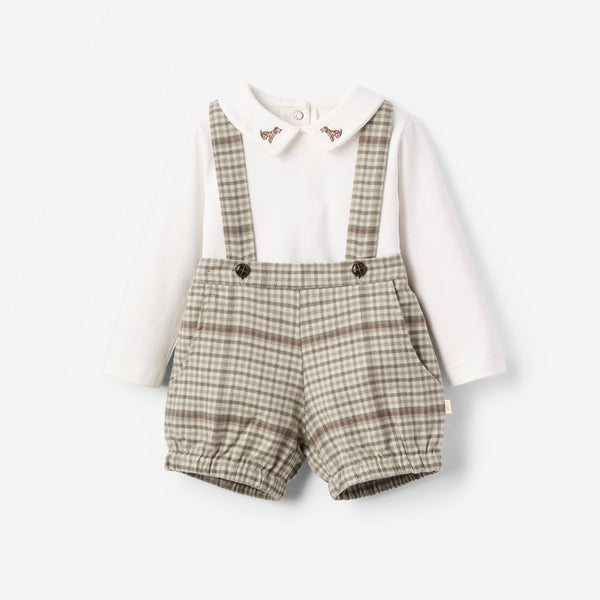 Embroidered Dog Bodysuit + Heritage Plaid Suspender Shorts