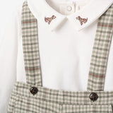 Embroidered Dog Bodysuit + Heritage Plaid Suspender Shorts
