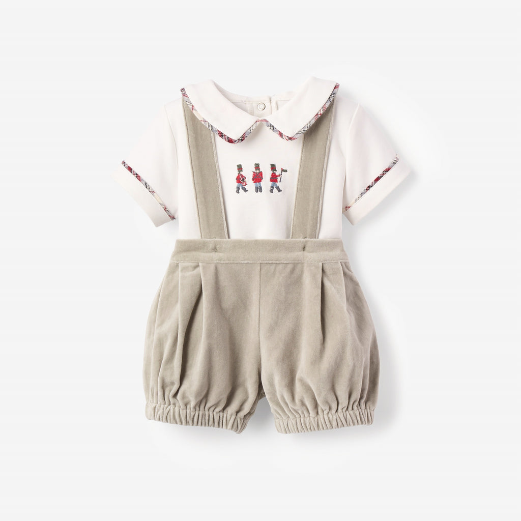 Gray Velveteen Suspender Shorts + Toy Soldier Embroidered Top