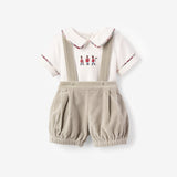 Gray Velveteen Suspender Shorts + Toy Soldier Embroidered Top