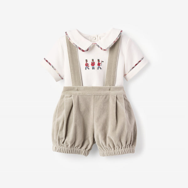 Gray Velveteen Suspender Shorts + Toy Soldier Embroidered Top