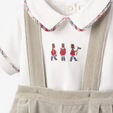 Gray Velveteen Suspender Shorts + Toy Soldier Embroidered Top