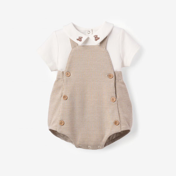 Teddy Bear Embroidered Houndstooth Overall Bubble
