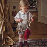 Gray Velveteen Suspender Shorts + Toy Soldier Embroidered Top