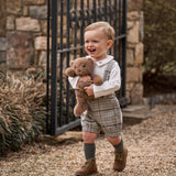 Embroidered Dog Bodysuit + Heritage Plaid Suspender Shorts