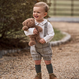 Embroidered Dog Bodysuit + Heritage Plaid Suspender Shorts