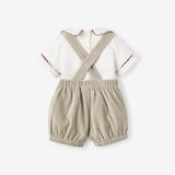 Gray Velveteen Suspender Shorts + Toy Soldier Embroidered Top