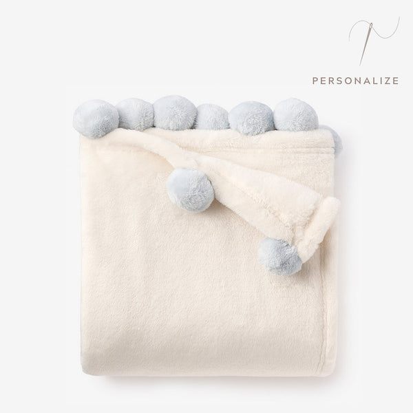 Pale Blue Pom Trim Fleece Baby Stroller Blanket