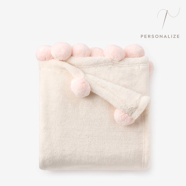 Pale Pink Pom Trim Fleece Baby Stroller Blanket