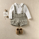 Embroidered Bodysuit + Heritage Plaid Suspender Shorts