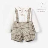 Embroidered Bodysuit + Heritage Plaid Suspender Shorts