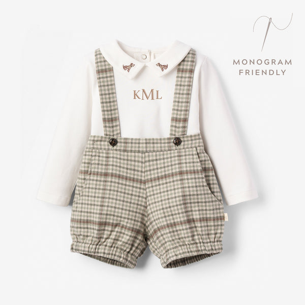 Embroidered Bodysuit + Heritage Plaid Suspender Shorts